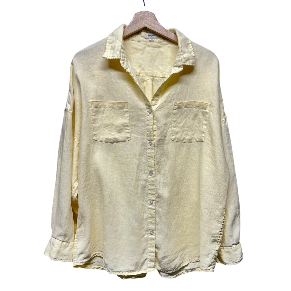 Threads by Bed Threads Women Shirt XL Linen Yellow Long Sleeve Button Up Coastal
